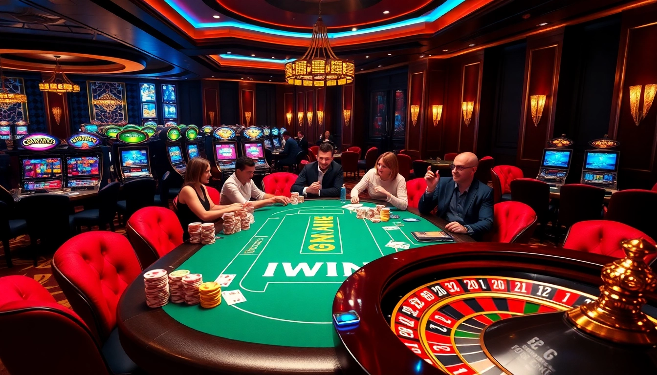 IWIN casino scene with vibrant gaming table, poker chips, and players immersed in excitement.