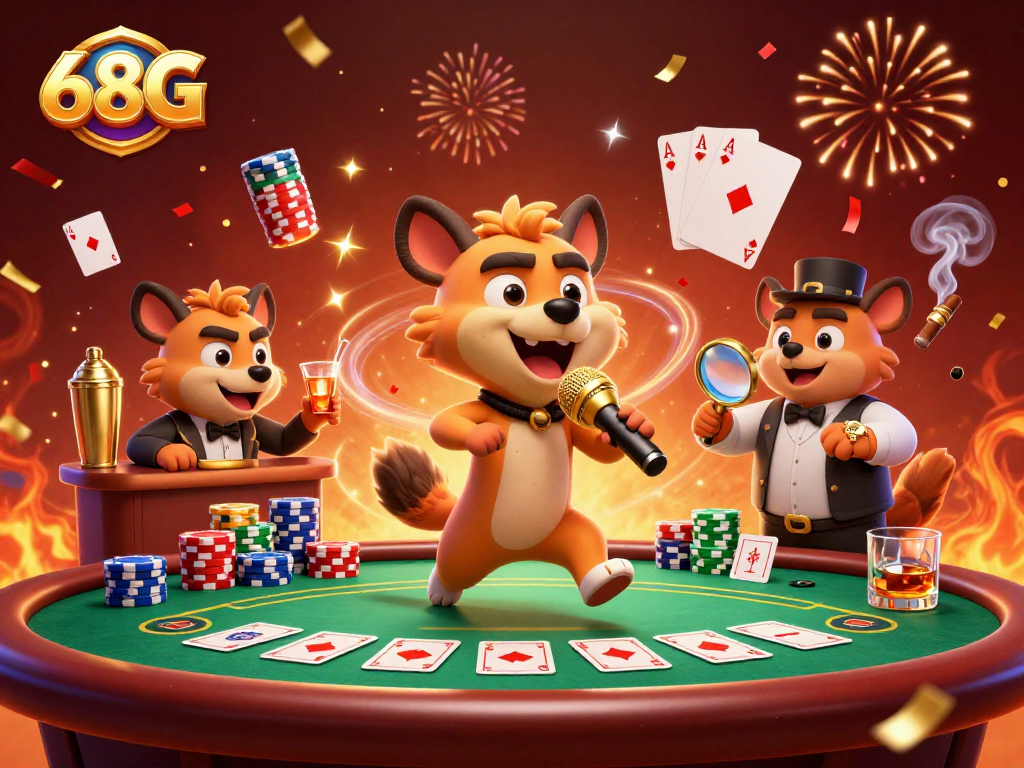 Hyenas animadas em cassino 68G, bartender e comidas, com confete e fogos de artifício.