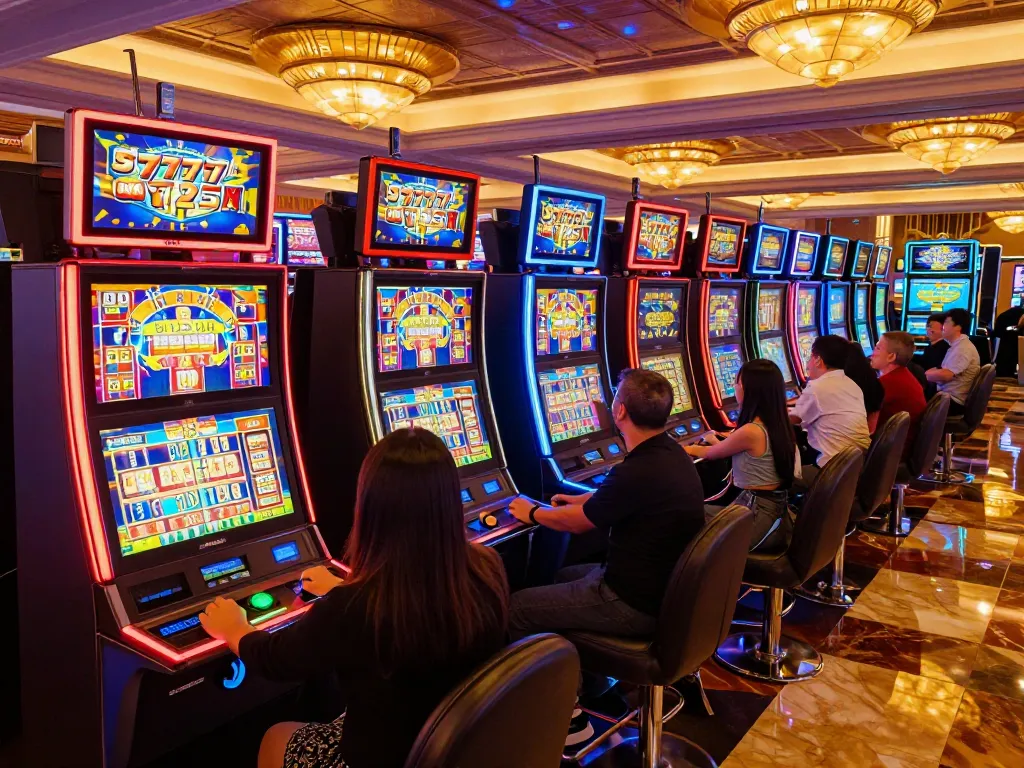 Players engaging with vibrant slot 777 machines in a luxurious casino.