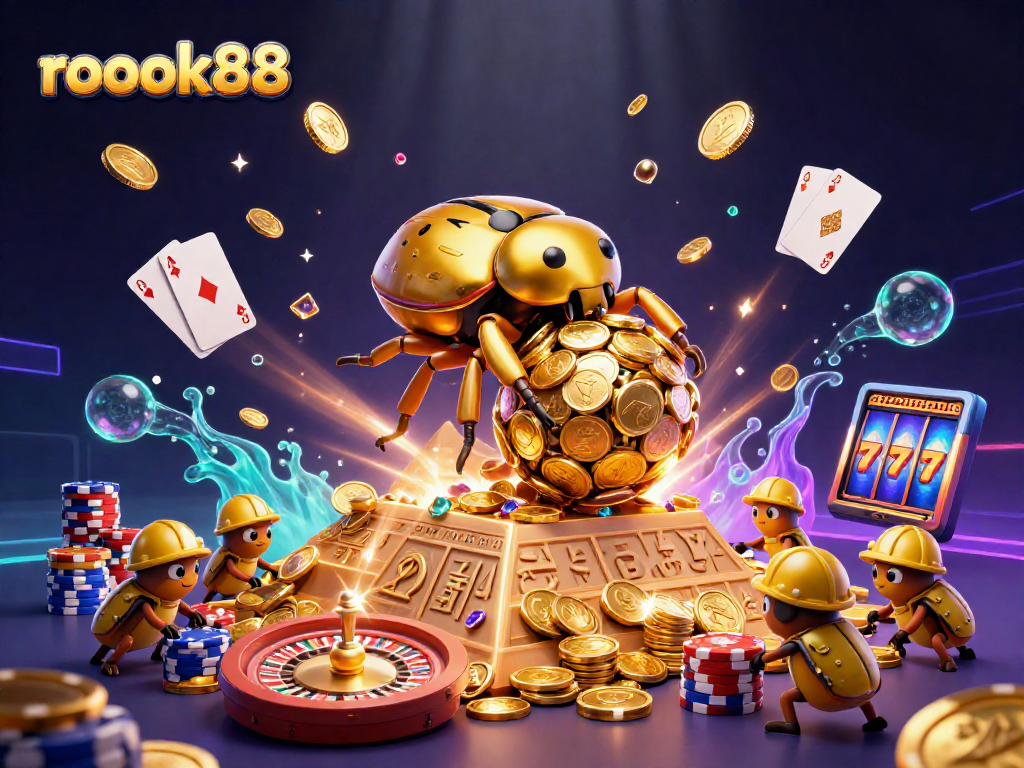 Experience the excitement of rokok88 with a vibrant casino scene filled with golden treasures and action!