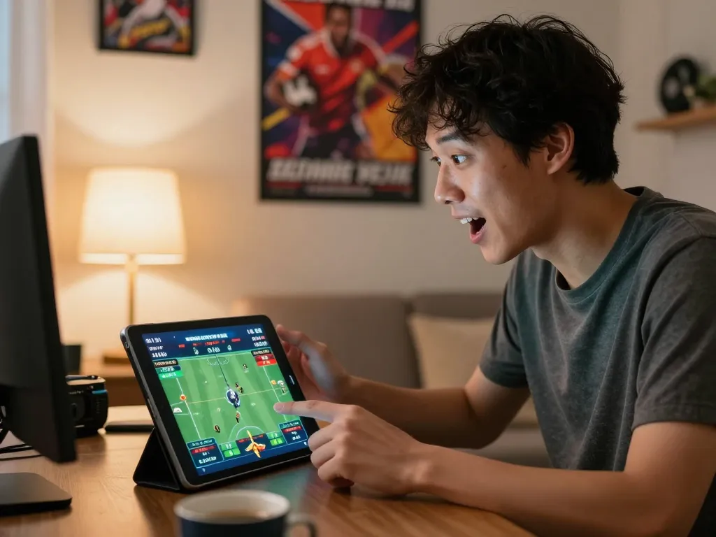 Person placing bets on RR 88 during a thrilling online sports event at home, showcasing excitement and strategy.