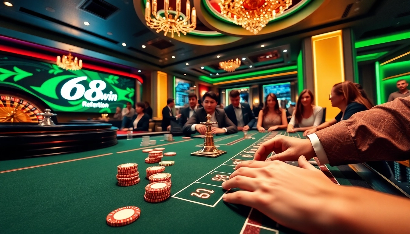 Engaging scene of players betting with 68win chips at a luxury casino table.