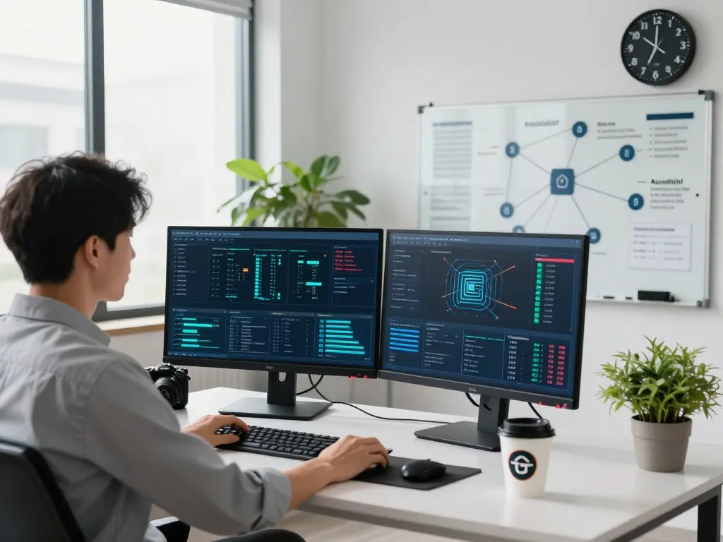 Technician at cybersecurity workspace analyzing network security data on https://shs-dome5.com/ with monitors and professional equipment.