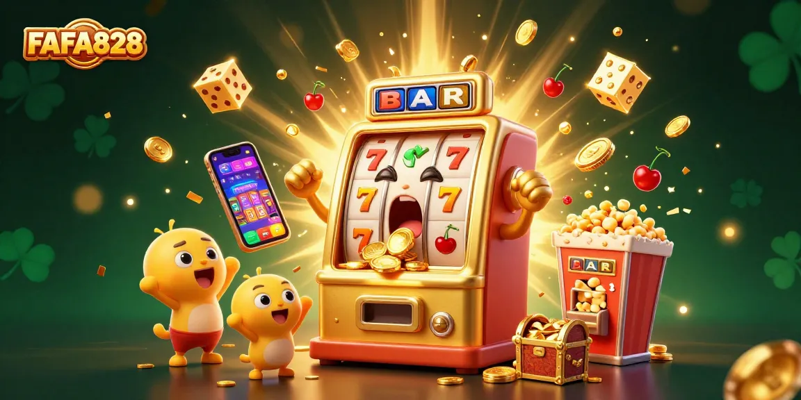 Spin the FAFA828 slot machine featuring a joyful jackpot celebration with vibrant casino elements.