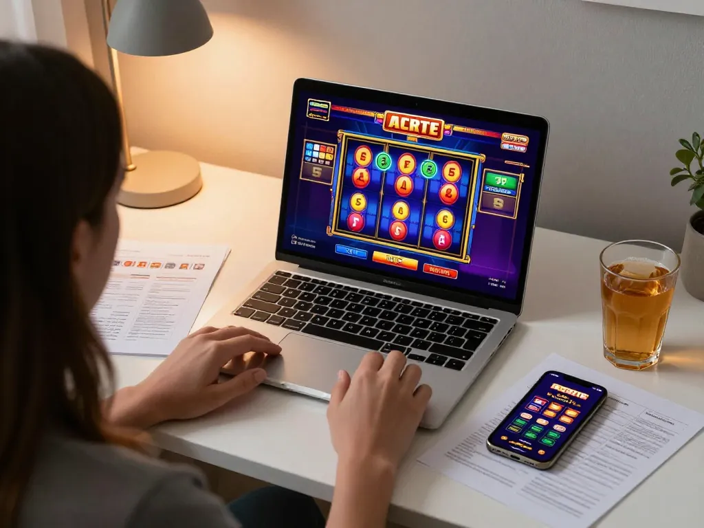 Player exploring 388bet online casino on a laptop featuring colorful slots and strategic notes