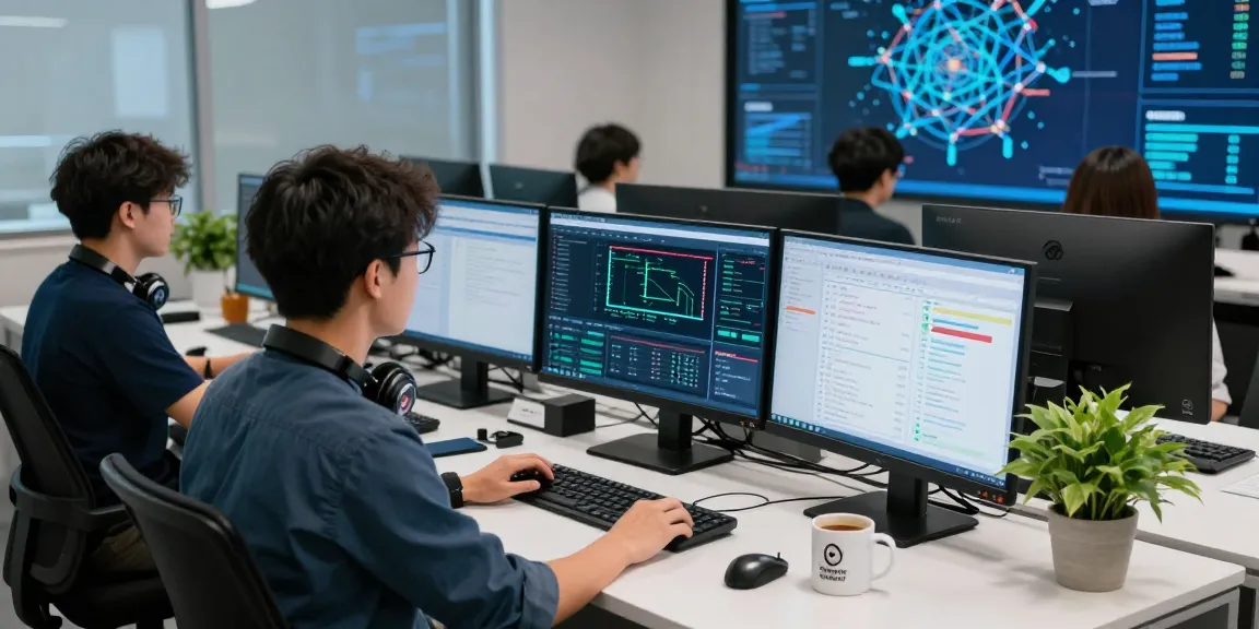 Cybersecurity professional analyzing cybersecurity threats on shs-dome5.com, with multiple screens displaying real-time data.