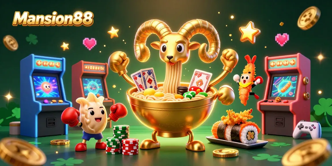 Mansion88 casino scene featuring a giant ramen bowl dealer, vibrant arcade elements, and cheerful characters.