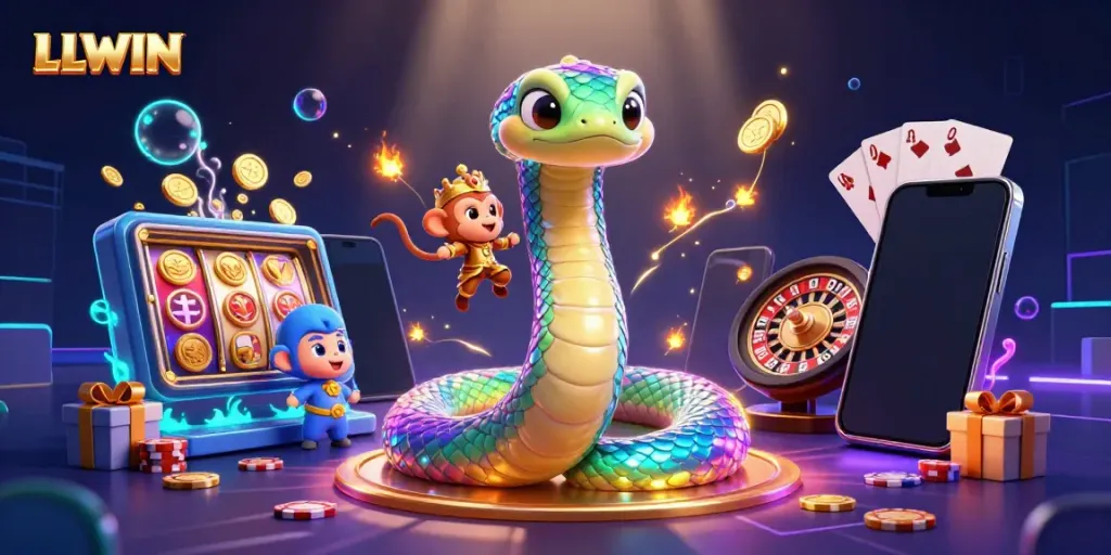 Engage with LLWIN's vibrant casino scene featuring a serpent and monkey king amidst exciting gaming elements.