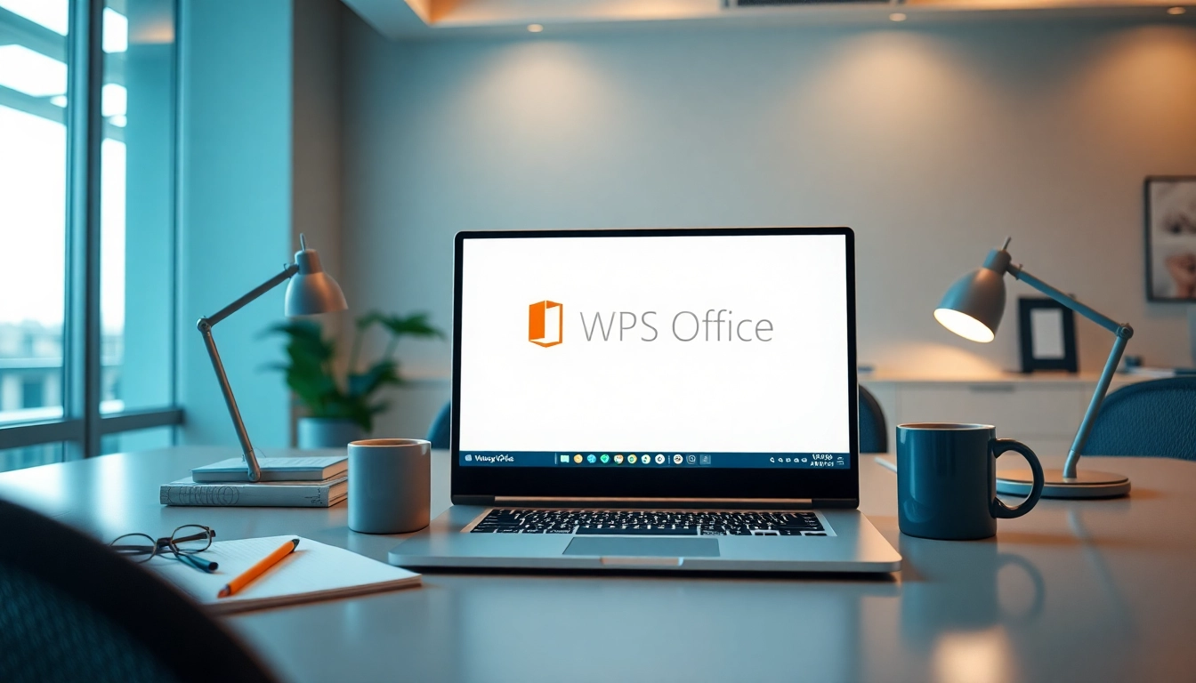 专业工作区中,现代笔记本电脑上显示的 WPS Office,环境照明柔和。