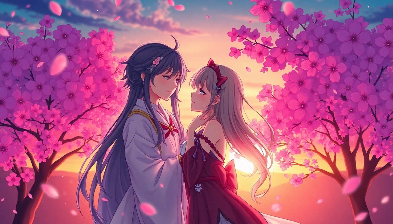 Anime sex scene with romantic embrace and cherry blossoms, vibrant colors, and intimate mood.