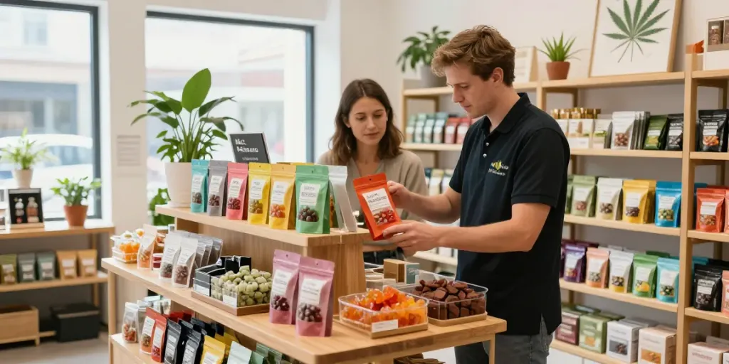 Explore a cannabis retail space in Milton Keynes, featuring vibrant THC edibles, inviting atmosphere, and knowledgeable staff assisting customers.