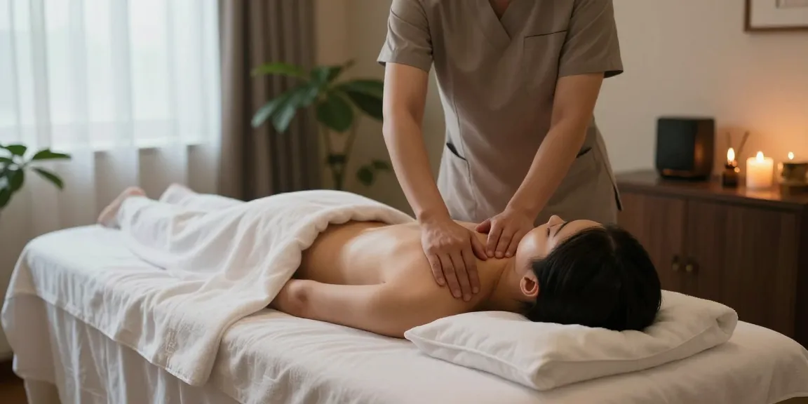 Relaxing 대구마사지 session in serene spa with therapist and client on massage table.