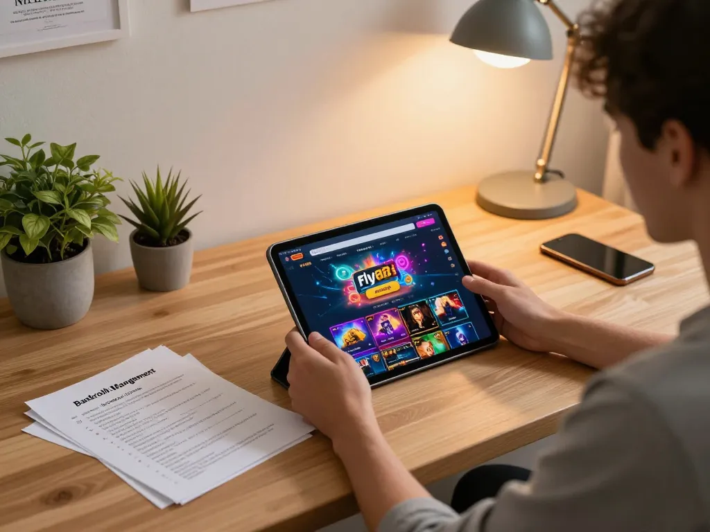 Playing casino games on link fly88 with a tablet in a stylish home office setting