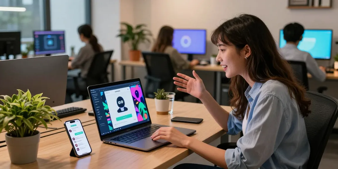 Engaging scene of a woman interacting with her NSFW AI chatbot in a vibrant tech workspace, showcasing digital customization features.