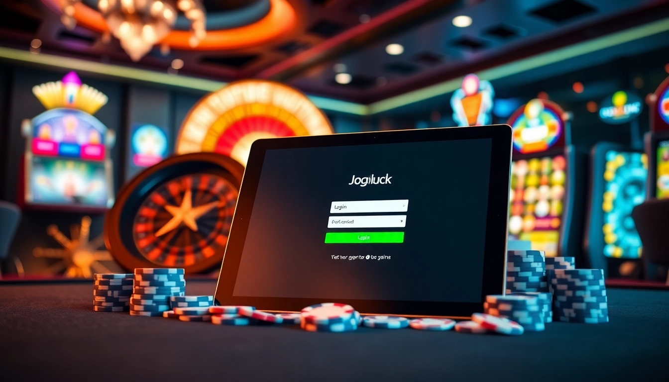 Jogoluck Login interface displayed on a tablet amidst vibrant casino elements.