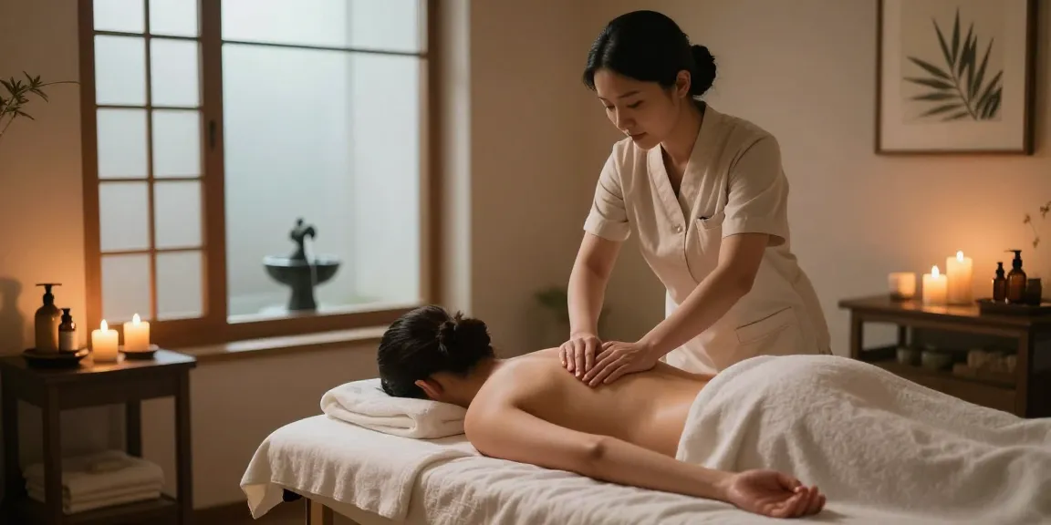 Relaxing 스웨디시 massage scene with therapist applying oil in a tranquil spa.