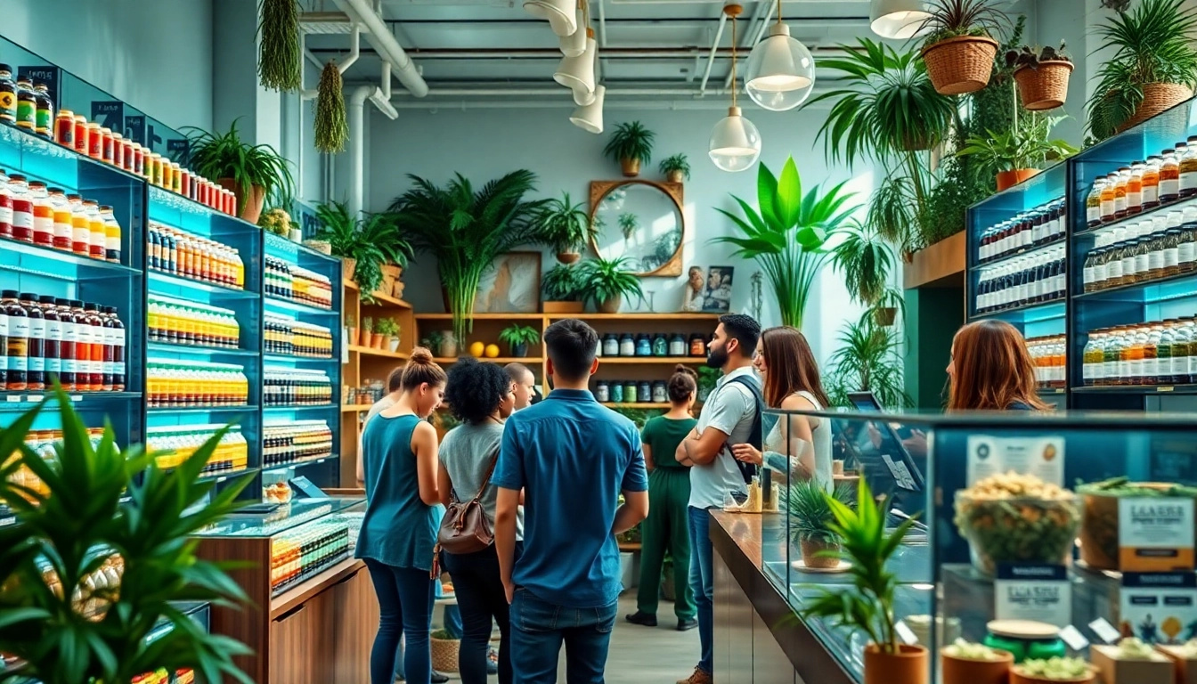 Explore a lively pot shop online with diverse customers and vibrant cannabis products.