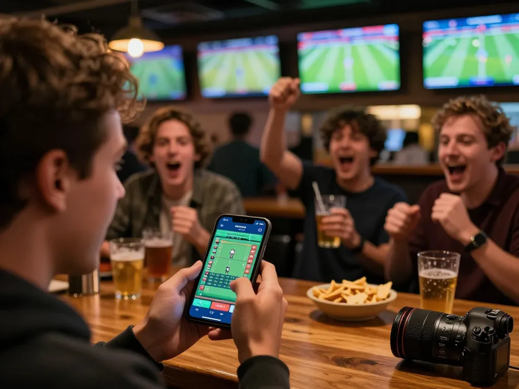 Excited sports fans engaging in live betting activities on their smartphones with nowgoal during a match.