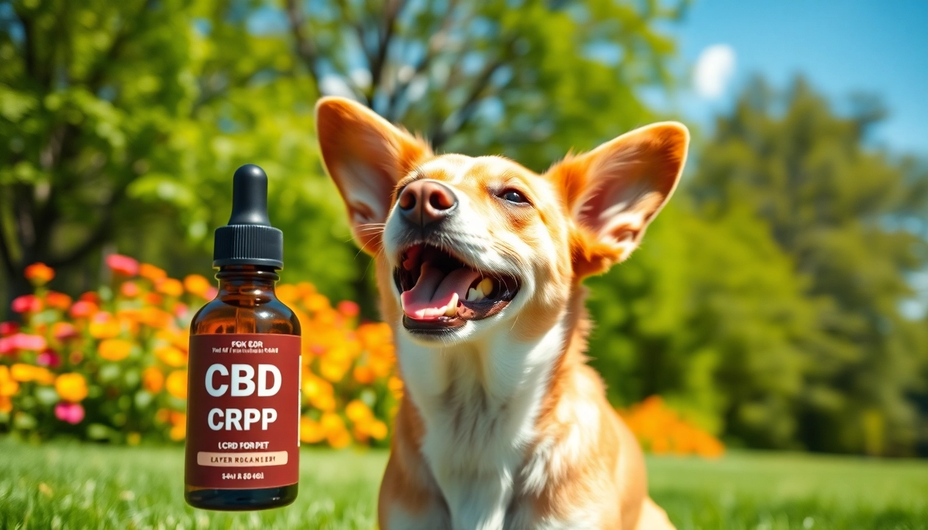 Happy dog playing outdoors with CBD For Pet product, showcasing health benefits.