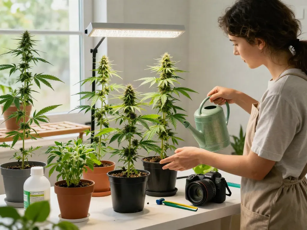 Gardener nurturing autoflowering cannabis seeds in a vibrant indoor garden filled with lush plants.