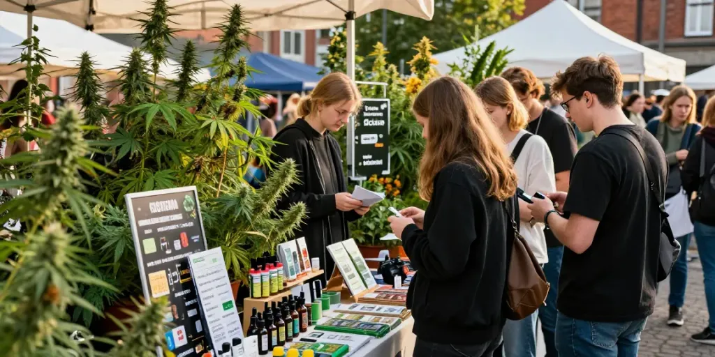 Cannabis Rostock market scene featuring local products and engaged community members.