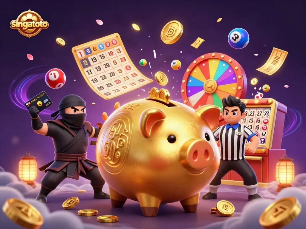 Engage with singatoto's vibrant gaming scene featuring a sumo wrestler, ninja, and samurai amidst golden coins and lottery excitement.