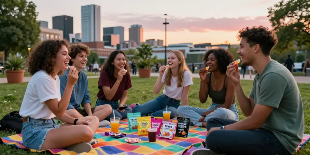 Buy THC edibles in Milton Keynes with friends enjoying gummies at sunset.