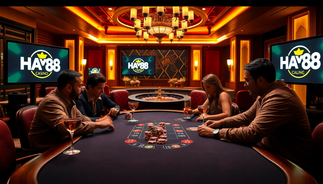 Join the excitement at HAY88's luxurious poker table amidst vibrant casino elements.