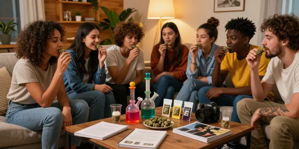 Friends enjoying gold seal hash with flavors in a cozy living room.