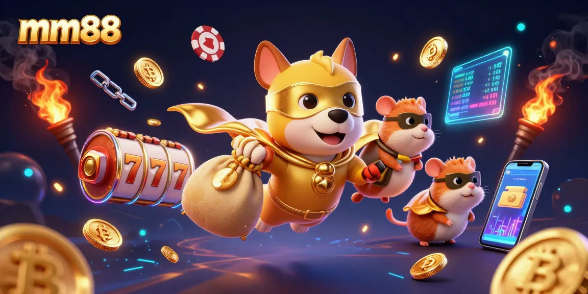 Experience mm88 with a superhero dog and hamster navigating a vibrant casino world.