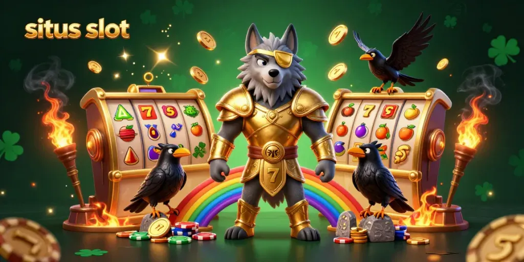 Gambarlah situs slot menampilkan Odin dan burung gagak dalam suasana kasino yang meriah.