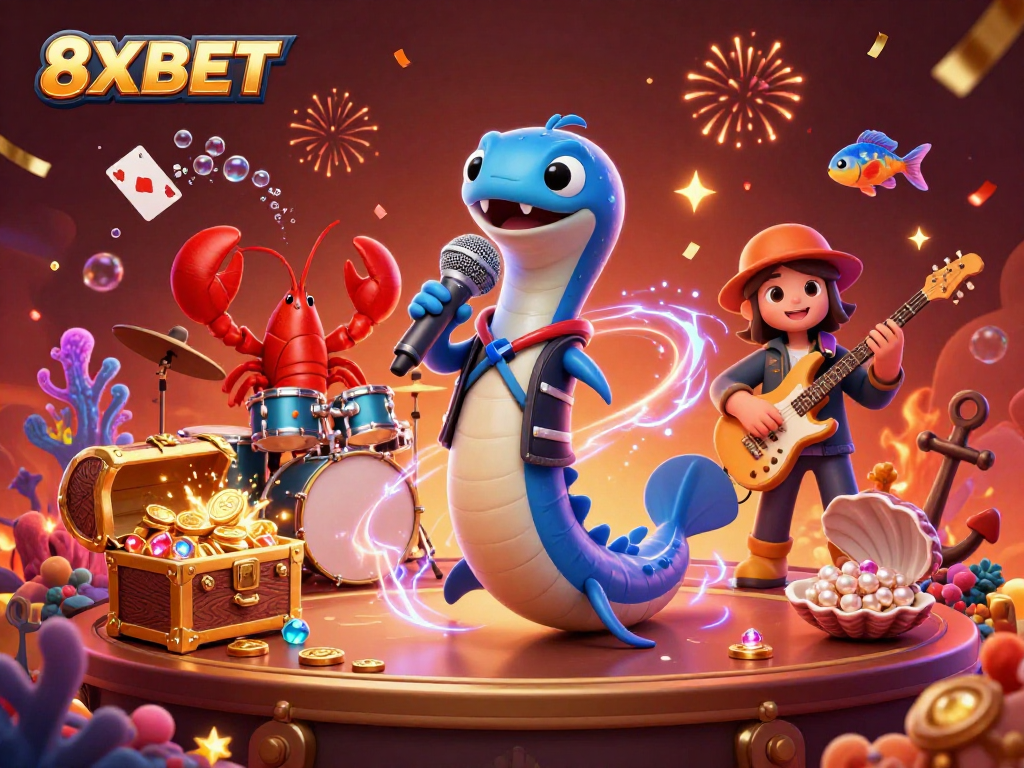 Immerse in the colorful 8XBET casino adventure with an electric eel DJ and lively sea creature band.