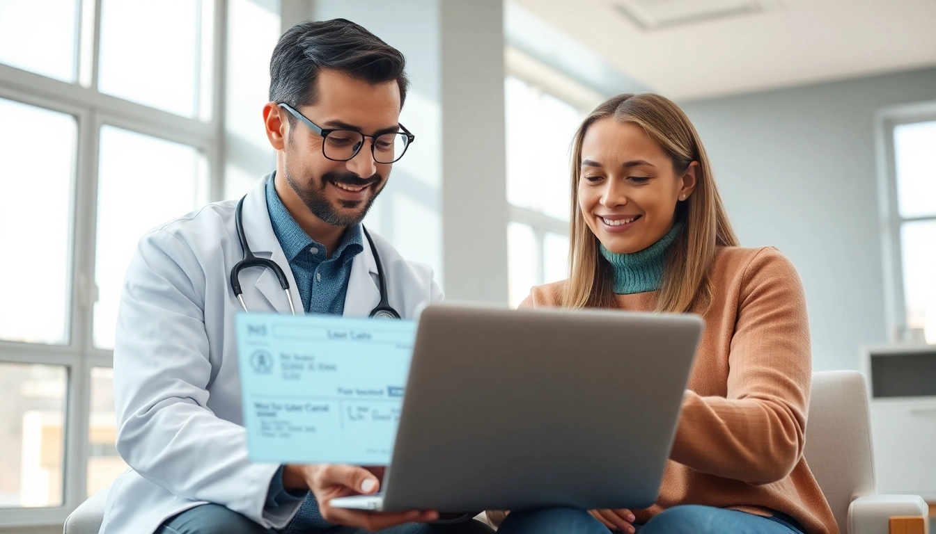 Access a medical card online easily with a caring doctor assisting a patient.