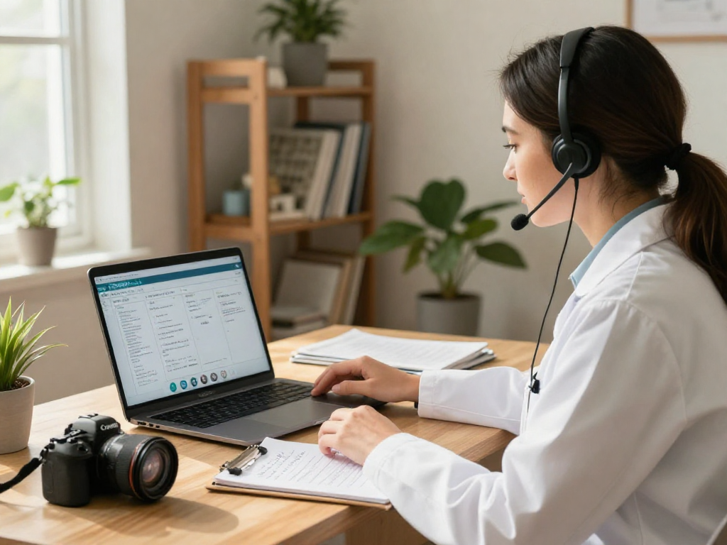 Oklahoma MMJ doctor conducting a telemedicine consultation in a warm, inviting office.