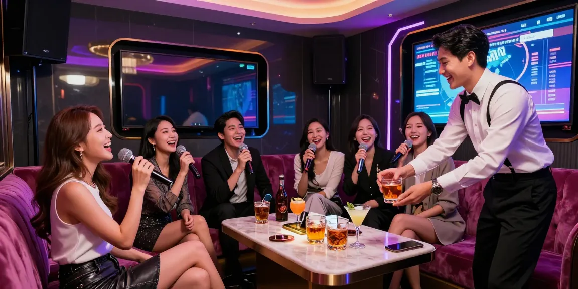 Karaoke experience at a luxurious venue on https://www.gangnamtune.com/, showcasing vibrant nightlife and premium entertainment with friends singing and enjoying drinks in a private room.