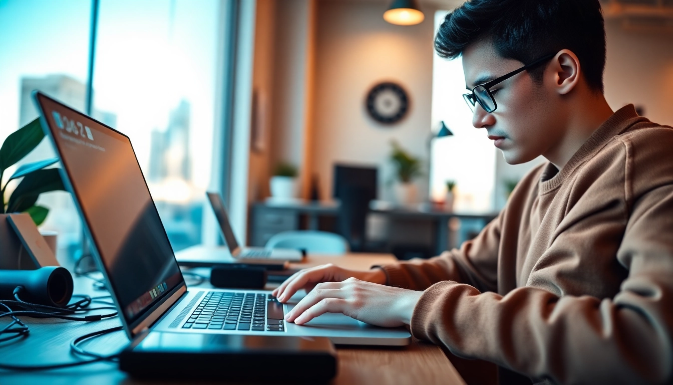 Engage with geekthc in a modern workspace featuring innovative gadgets and city views.