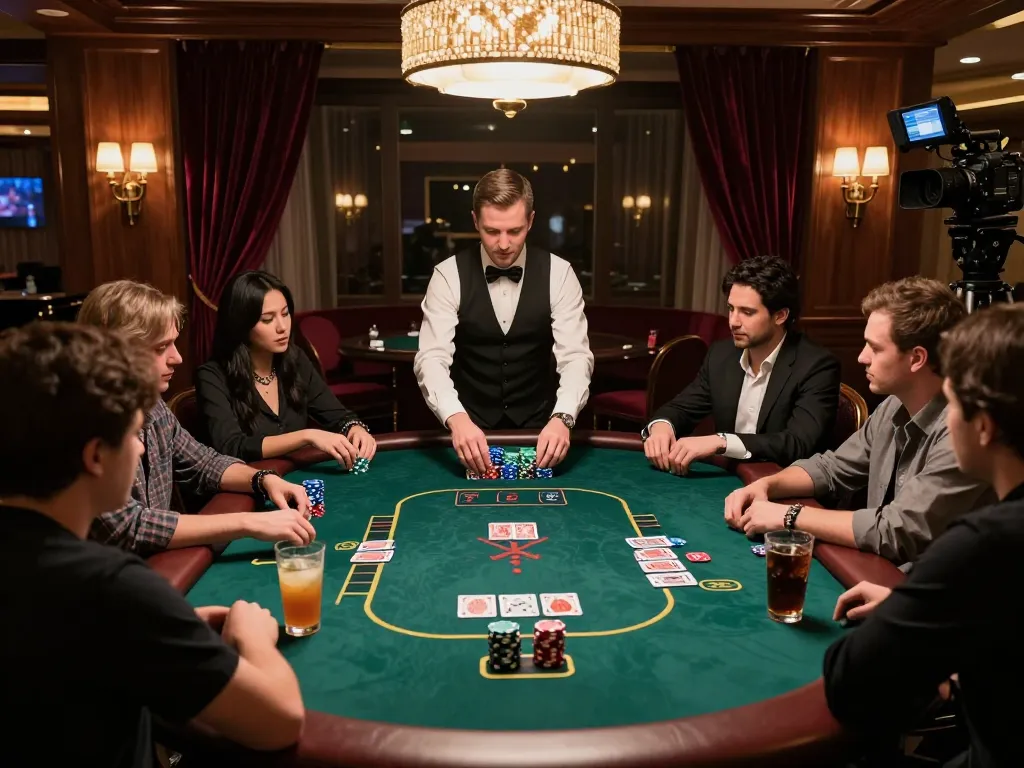 Join players at an exclusive poker table in a sophisticated room while playing 788bet.