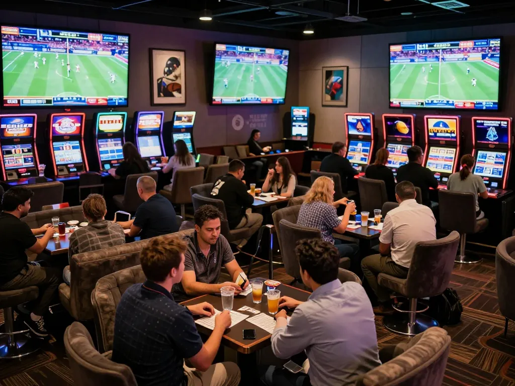 Engaged patrons strategizing bets in a vibrant sports betting lounge with S8 screens displaying live events.