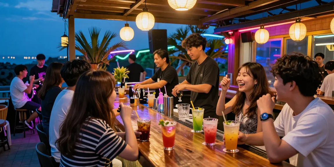 Jeju Island nightlife experience showcasing vibrant 제주도유흥 atmosphere with friends enjoying drinks and laughter amidst neon lights.
