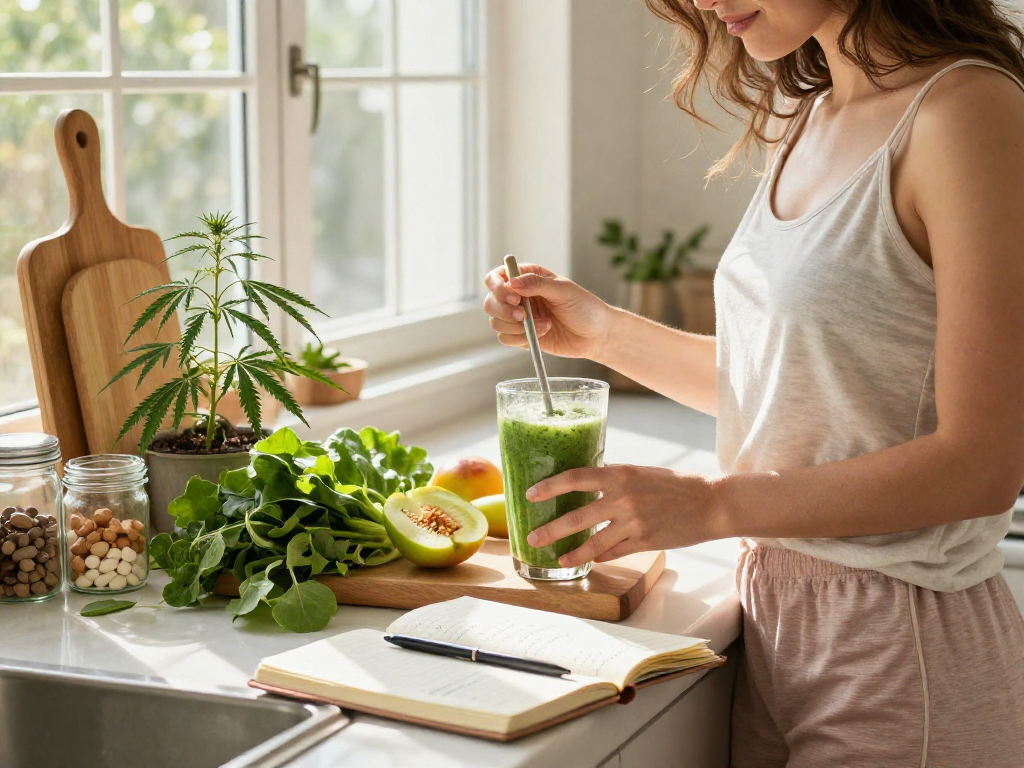 Online dispensary delivery of premium CBD oil and wellness supplements in a bright kitchen setting, highlighting natural ingredients for a healthy lifestyle.