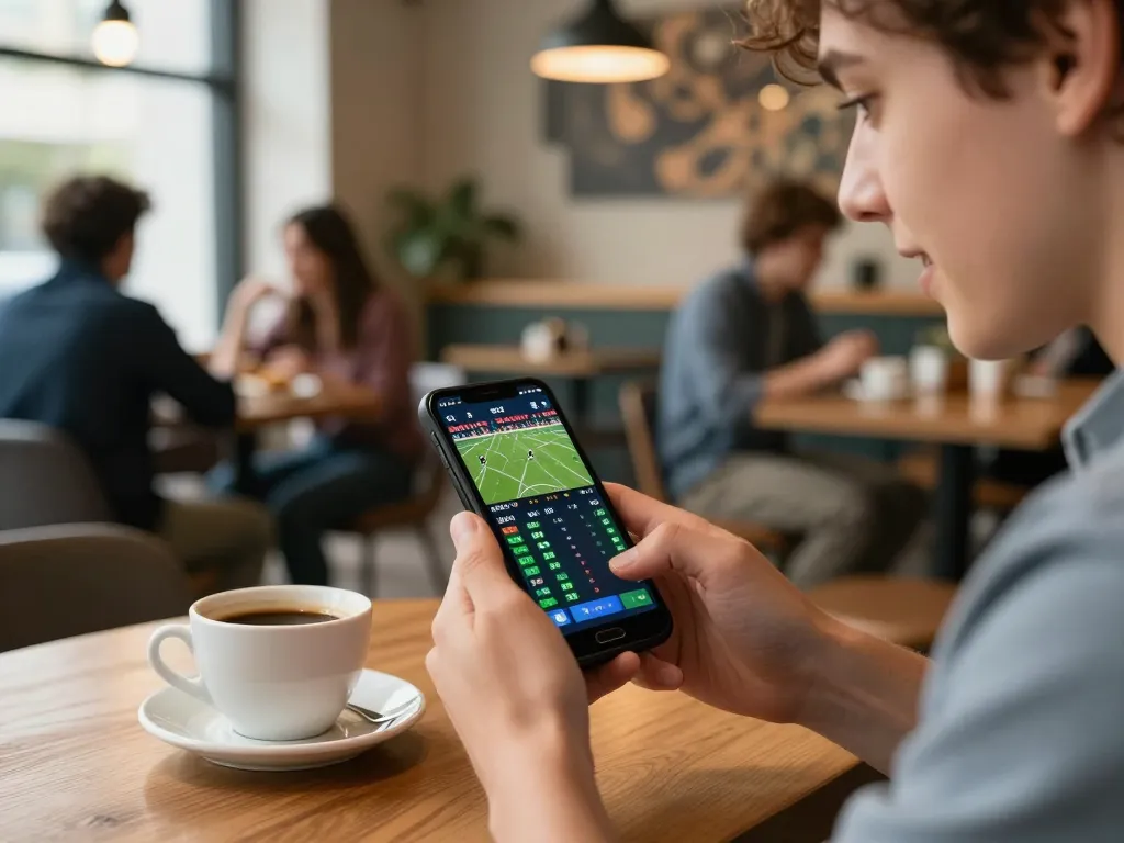 Tỷ lệ kèo nhà cái hôm nay accessed through smartphone in a cozy café, capturing live sports betting excitement.