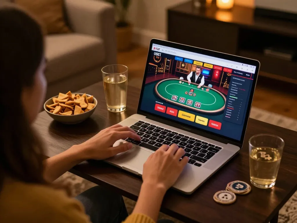Player enjoying USBET's online casino with snacks and warm lighting in a cozy home setup.