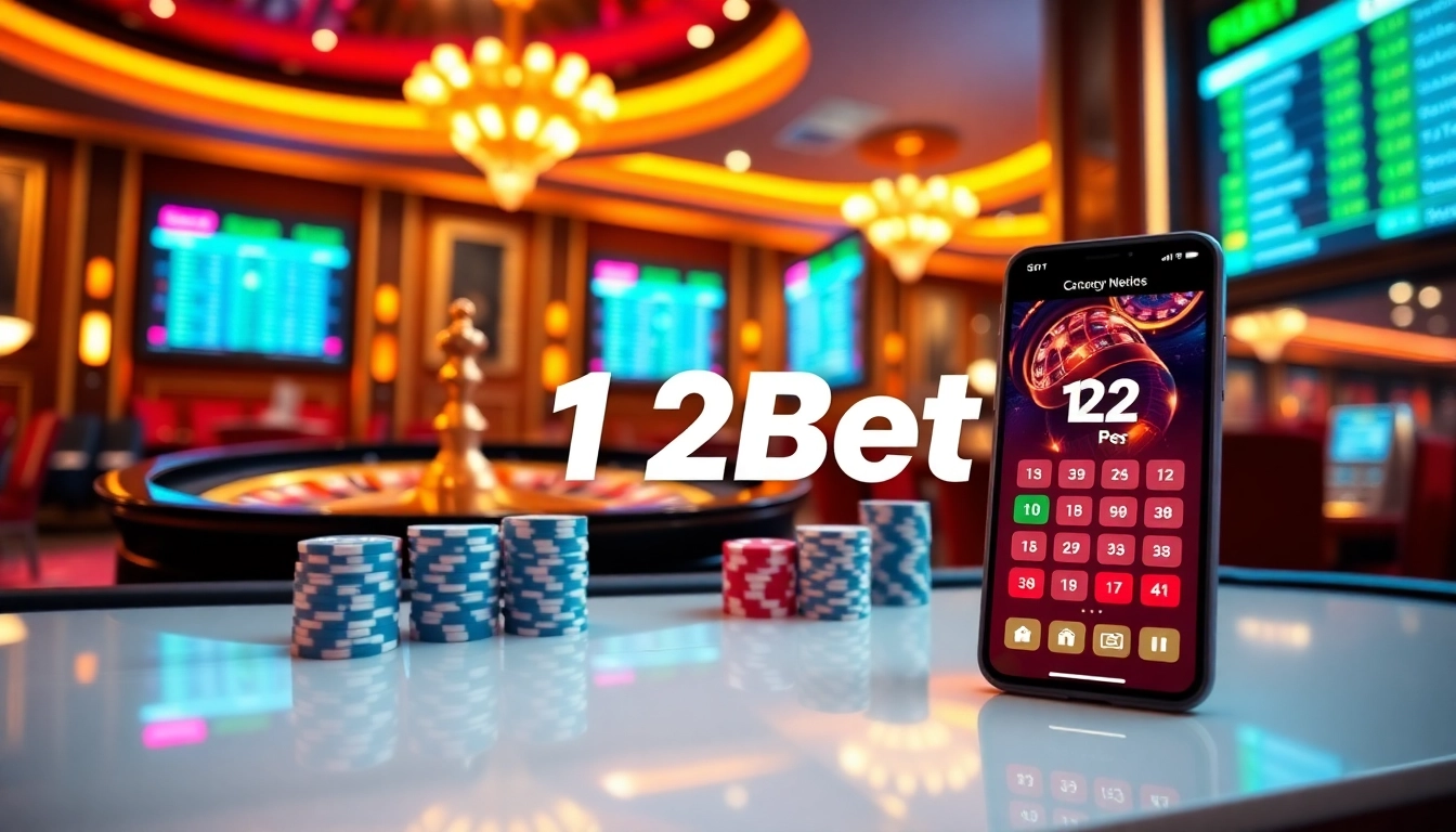 Engaging scene of online gambling with 12bet mobile app in action, showcasing poker chips and roulette.