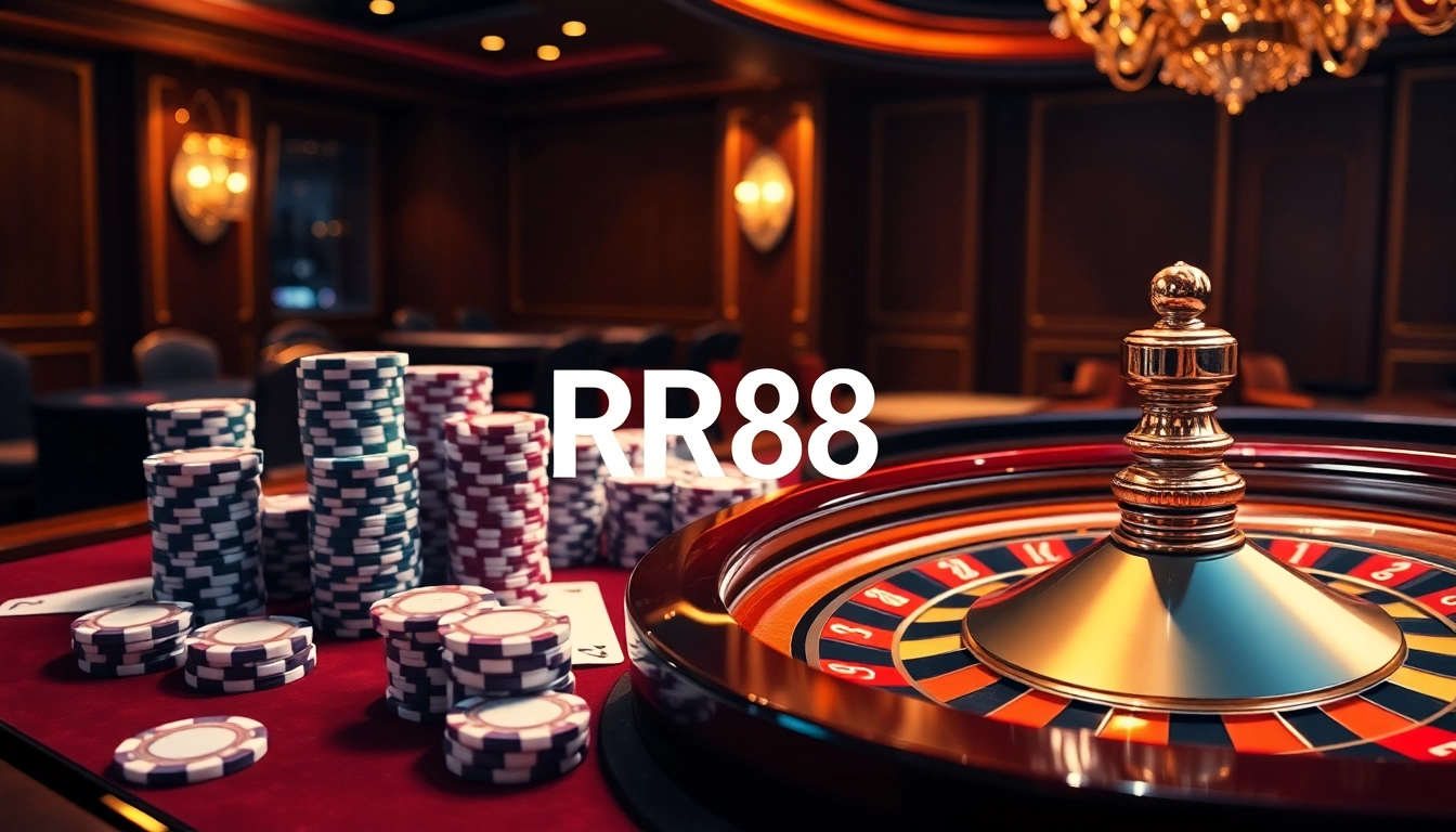 RR88 casino table with vibrant poker chips and an elegant roulette wheel in a luxurious setting.