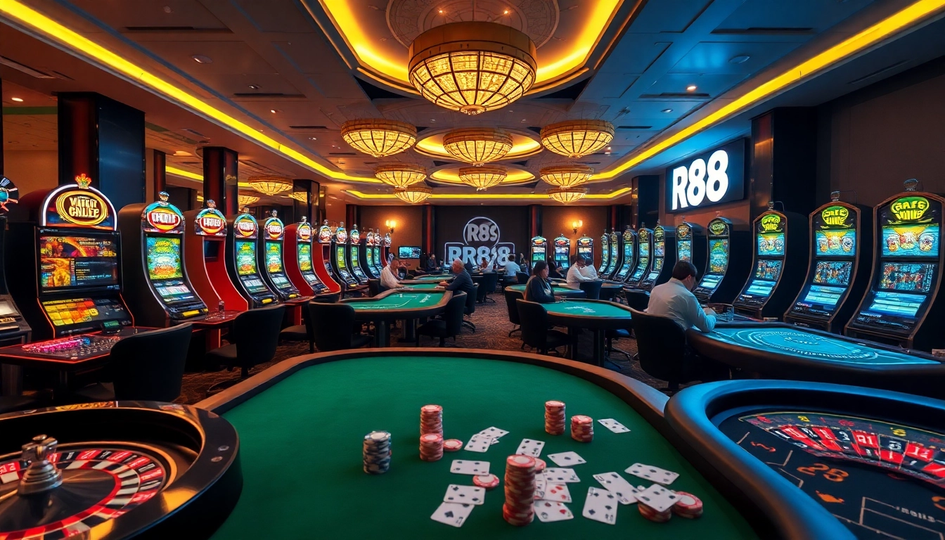 Exciting gaming atmosphere at RR88 casino with vibrant tables and slot machines