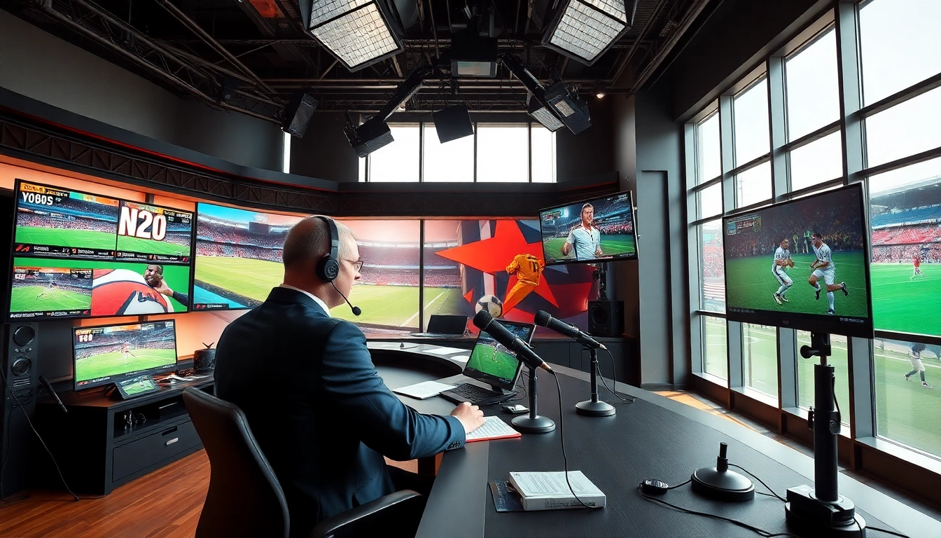 Dynamic scene of sports broadcasting showcasing a professional broadcaster and live sports feeds.