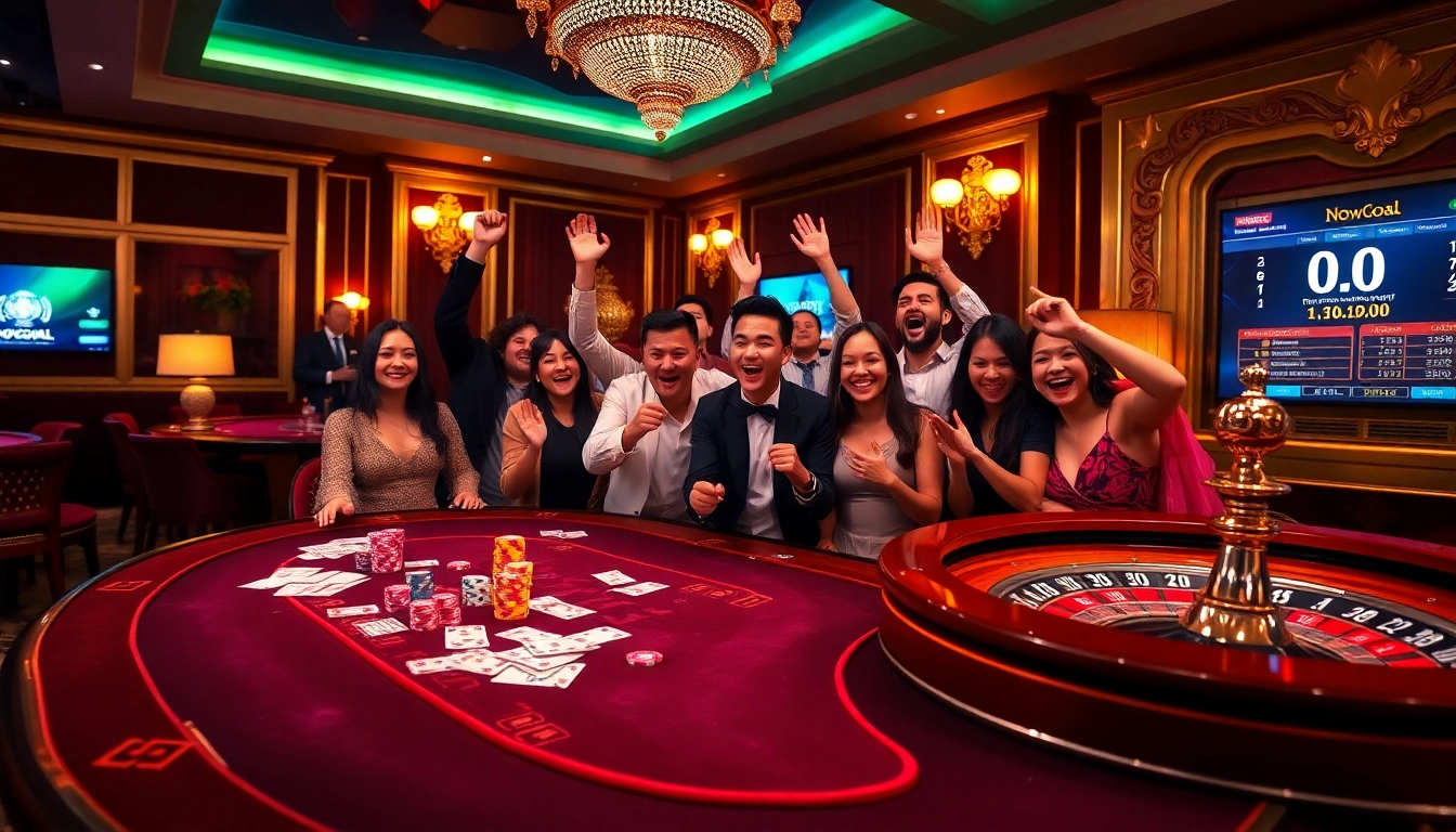 Nowgoal bóng đá players celebrating a big win at a lavish casino poker table.