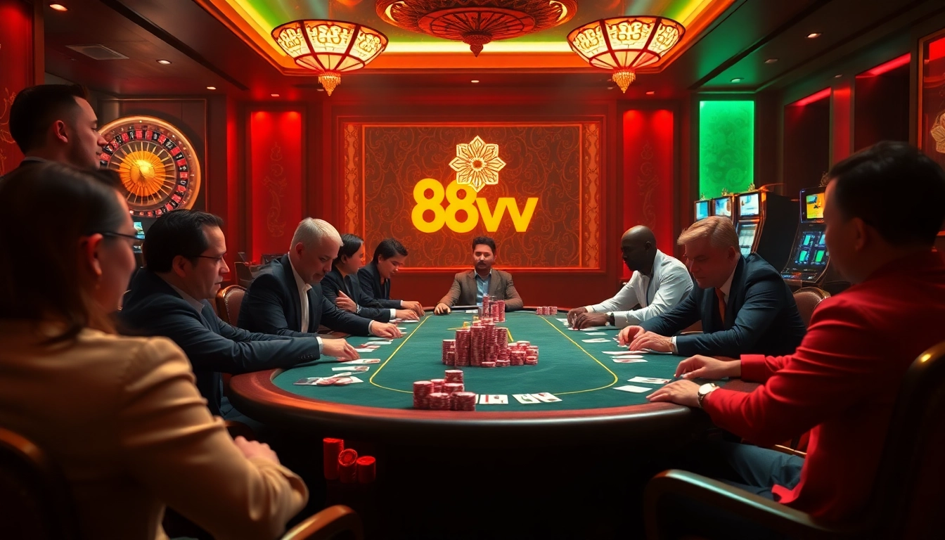 Players enjoying high-stakes poker at a luxurious 88vv casino, showcasing excitement and ambition.
