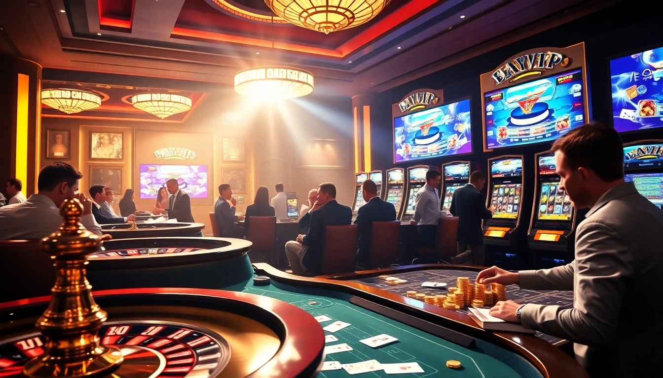 Bayvip players engage in exciting casino games like blackjack and roulette in a luxurious setting.