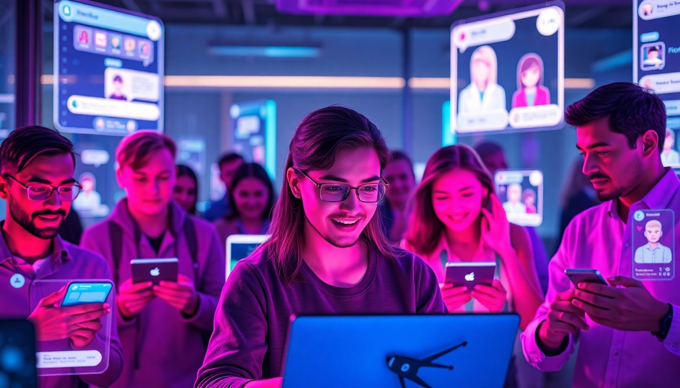 Explore best nsfw ai chatbots in an engaging digital workspace with diverse users and glowing chat interfaces.